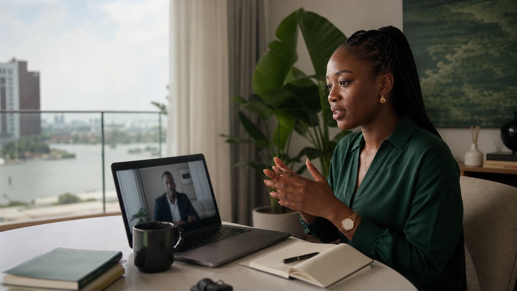 A Nigerian professional practising a video interview with Iris